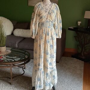 Free People Blue and Cream Long Sleeve Dress, Size Large